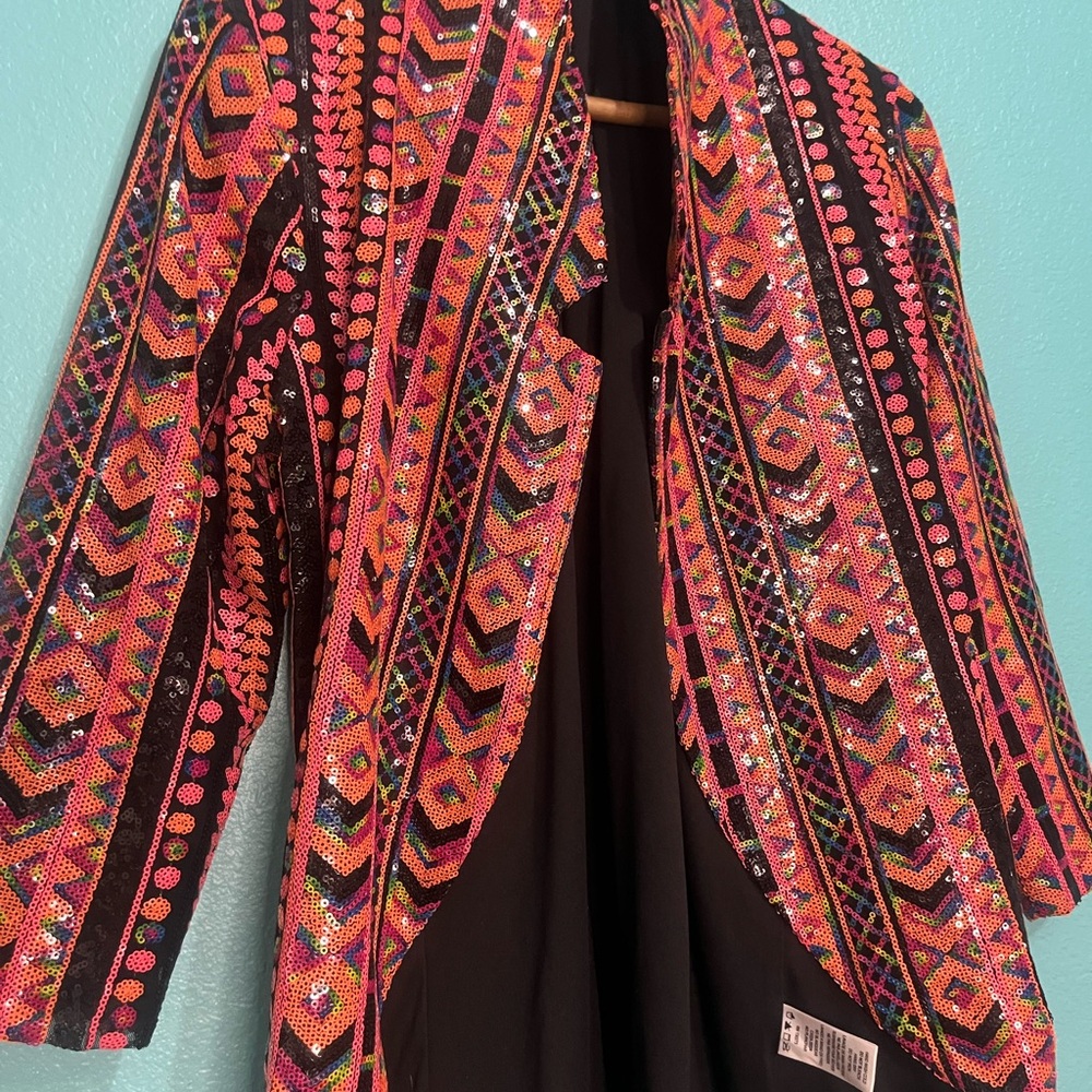 Women’s Embellished Open-Front Sequin Jacket in Pink & Black
